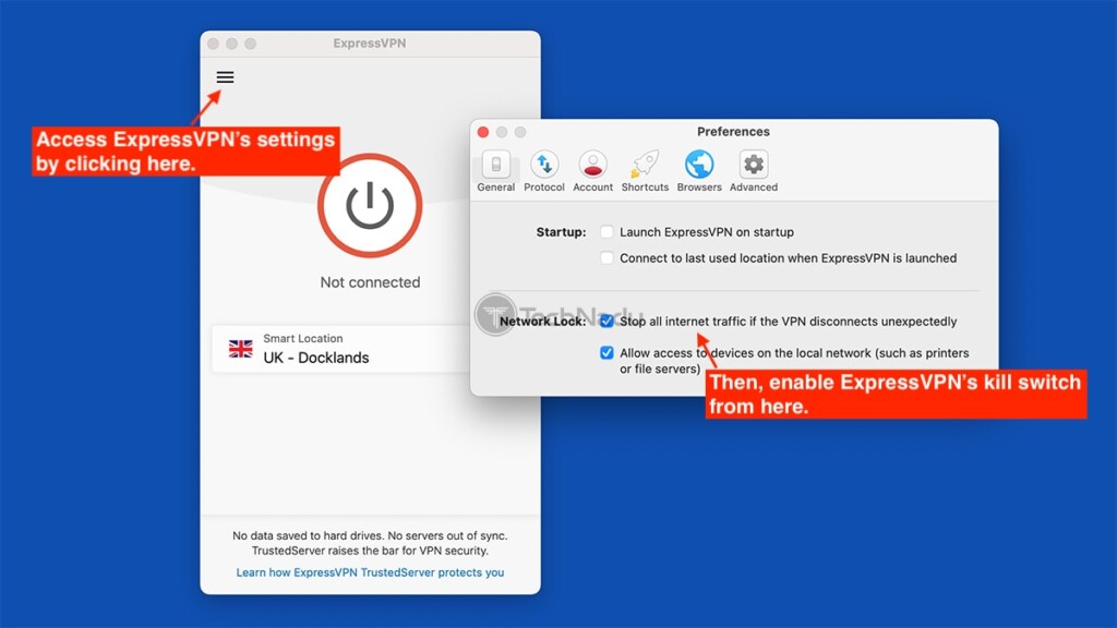 Включение переключателя expressVPN Kill