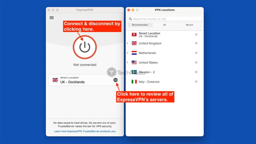 Mac'te ExpressVPN ana ekranına genel bakış