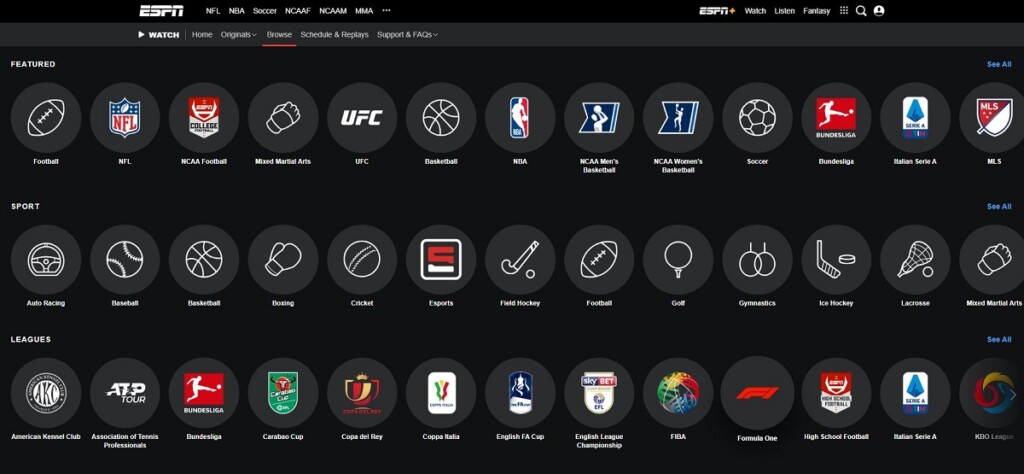 Content categories on Watch ESPN