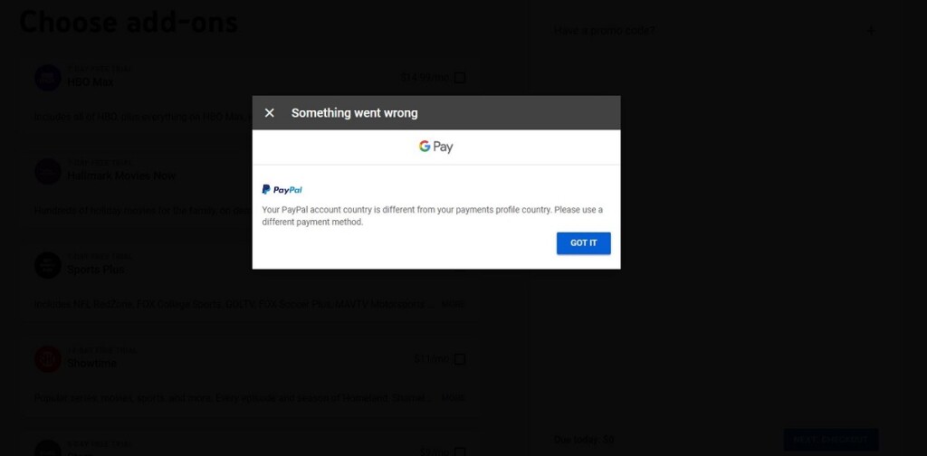 YouTube TV saying you can't use PayPal if it's not registered in the US.