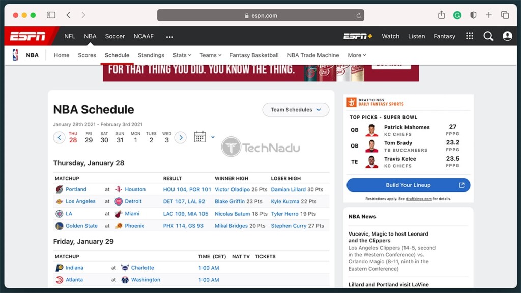 ESPN Website Showing NBA Section