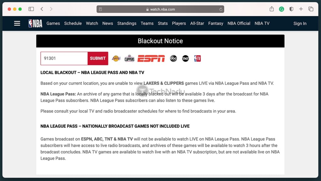 NBA Blackout Notice on NBAs Official Website