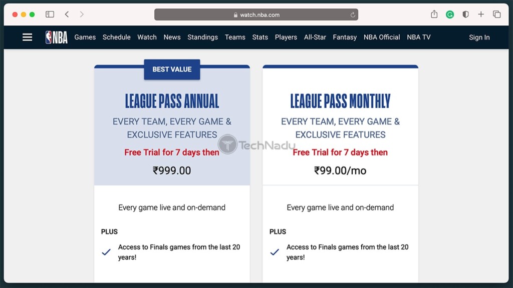 Price of NBA League Pass International in India