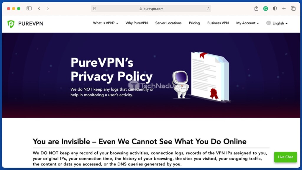 Privacy Policy Page of PureVPN on Mac