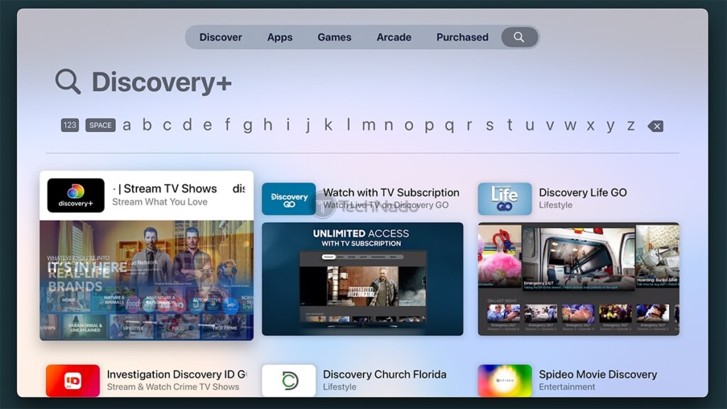 Searching tvOS App Store for Discovery Plus