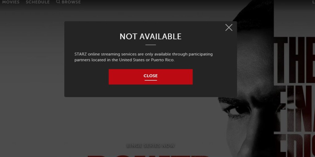 Geo-blocking message on Starz