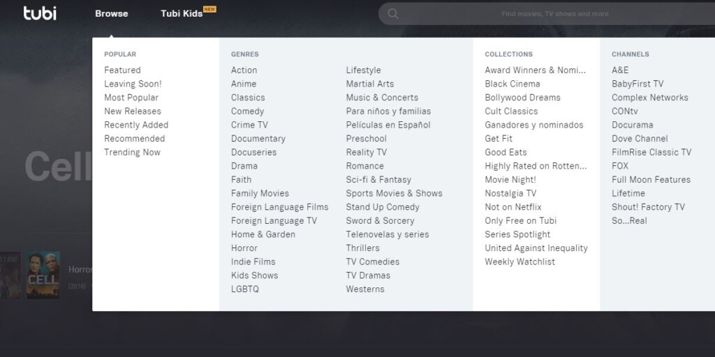 Movie and TV show genres on Tubi TV