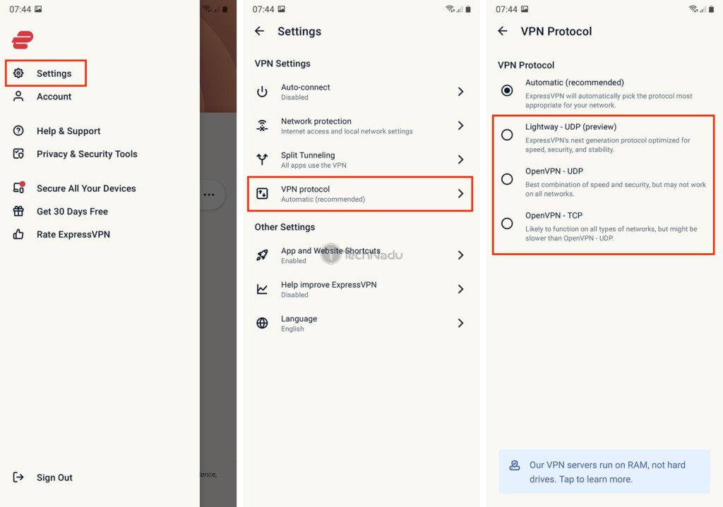 Changing ExpressVPN Protocol in Android