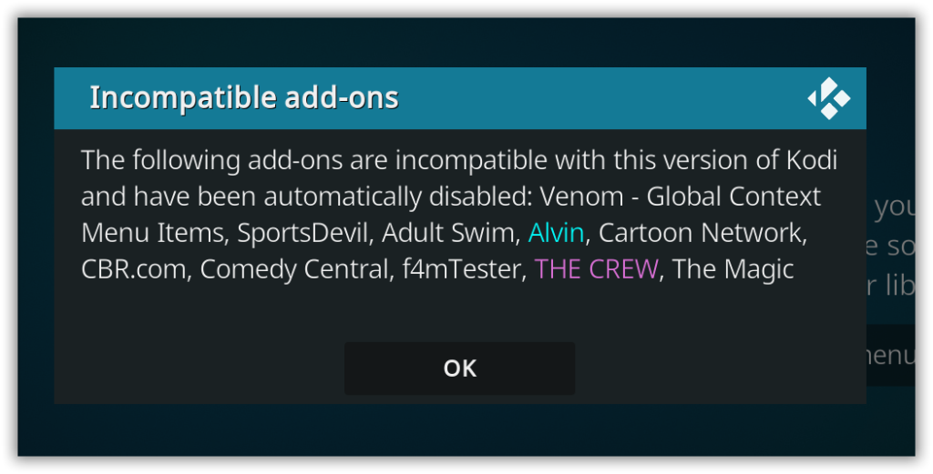 Kodi v19 Incompatible Addons Disabled