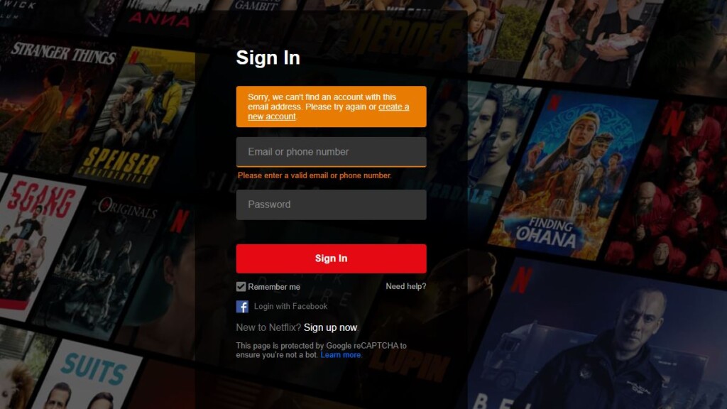 Failed login screen on Netflix