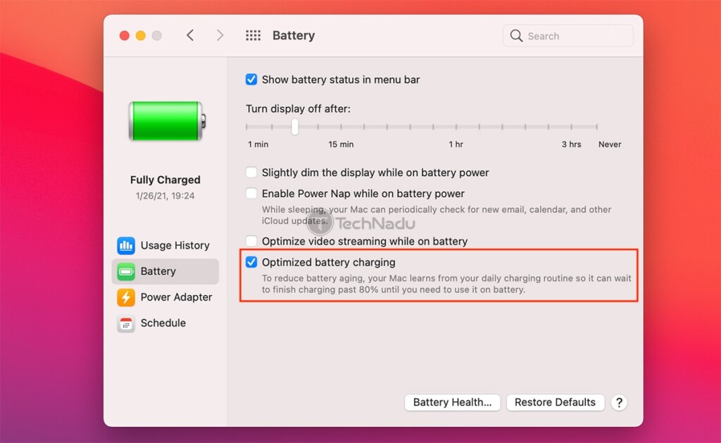 Optimized Battery Charging macOS Big Sur System Preferences UI