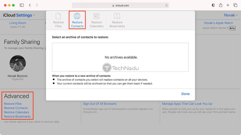 Restoring Contacts Archive from iCloud on the Web