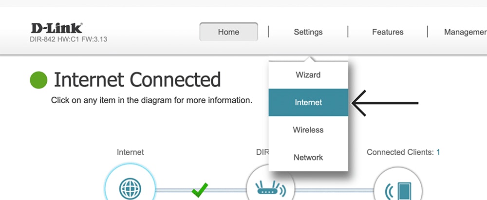 Accessing Internet Settings on D-Link Router Admin