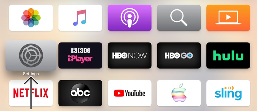 Apple TV Home Screen Appearance with Settings App Highlighted