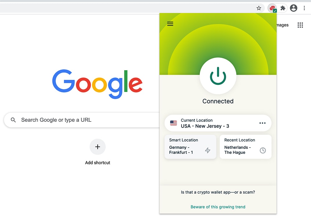 Connected via ExpressVPN for Chrome