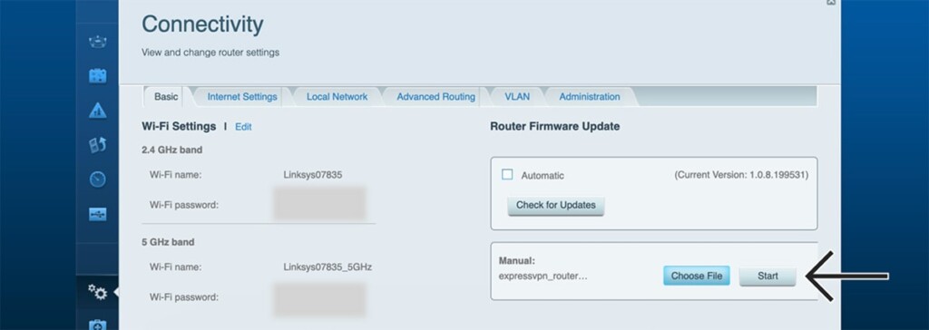 Connectivity Segment on Linksys Router Admin for Uploading Firmware