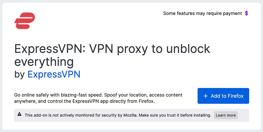 ExpressVPN Overview on Mozilla Web Store