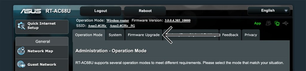 Firmware Upgrade Settings on Asus Admin Panel