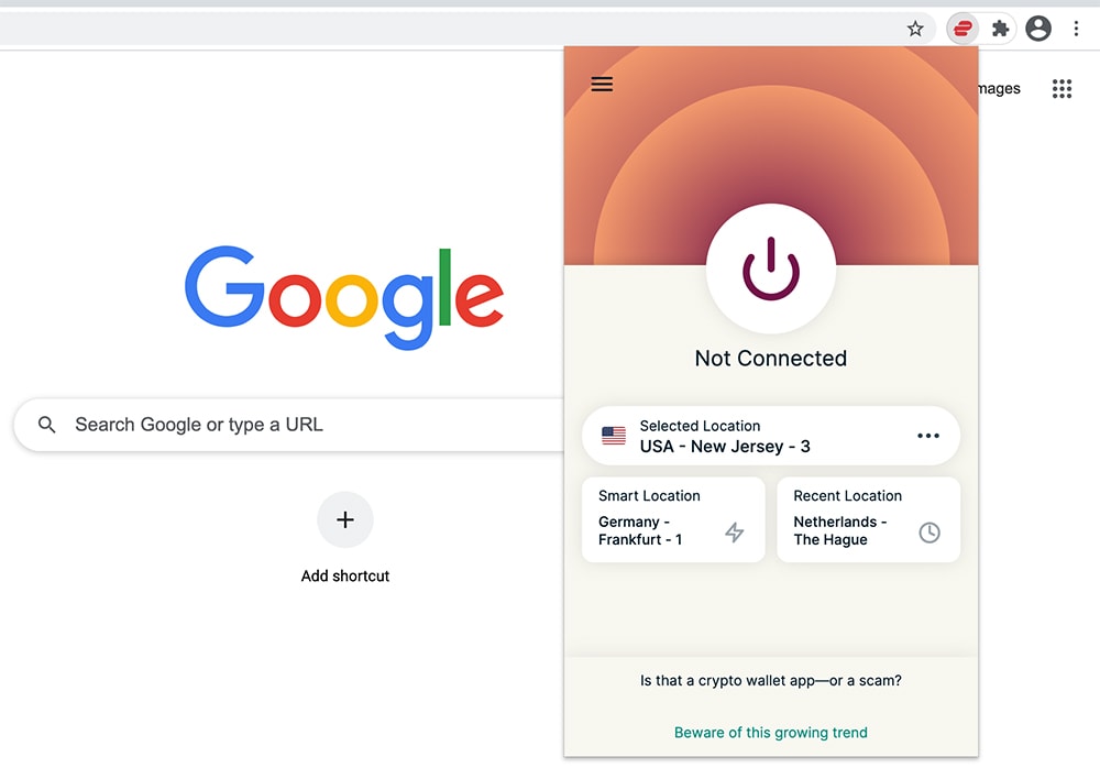 Home Screen of ExpressVPN for Chrome