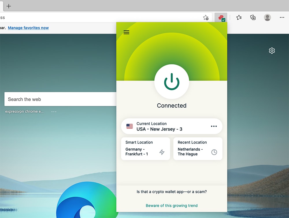 Interface Showing ExpressVPN Connection in Microsoft Edge