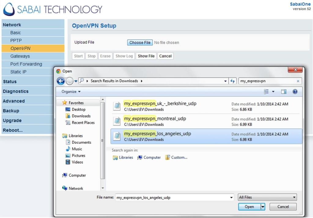 Picking OVPN File to Upload ExpressVPN on Sabai