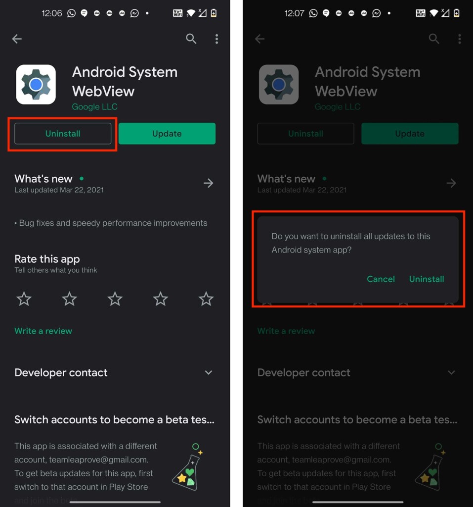Uninstalling Android System WebView on Play Store