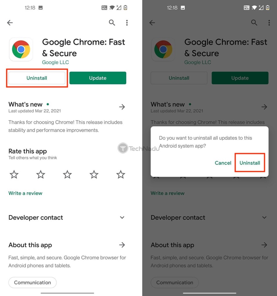 Uninstalling Google Chrome via Play Store on Android