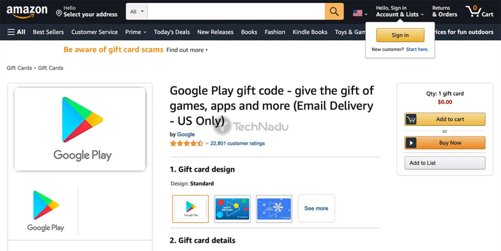 Buying Play Store Gift Card on Amazon