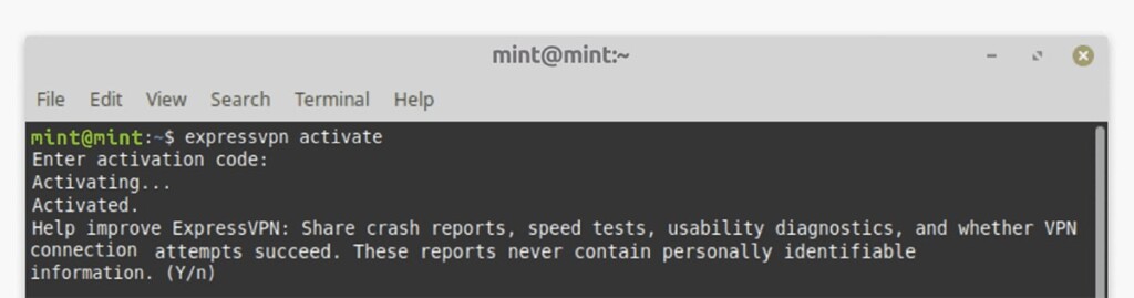 Data Logging Prompt by ExpressVPN on Linux Mint