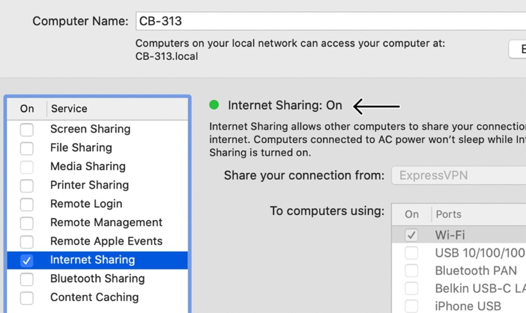 Internet Sharing Active on macOS