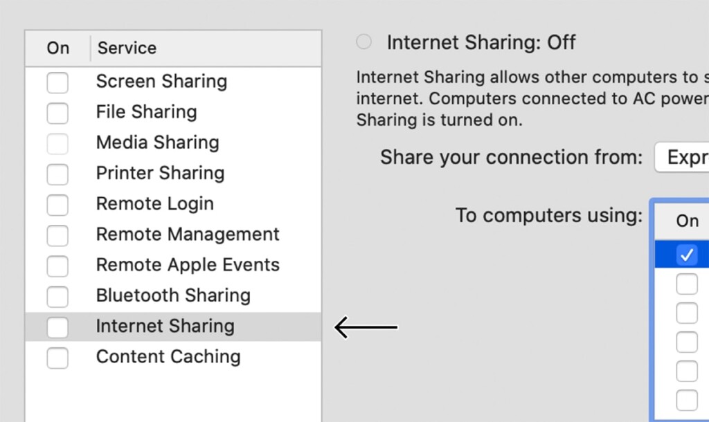 Internet Sharing via System Preferences on macOS