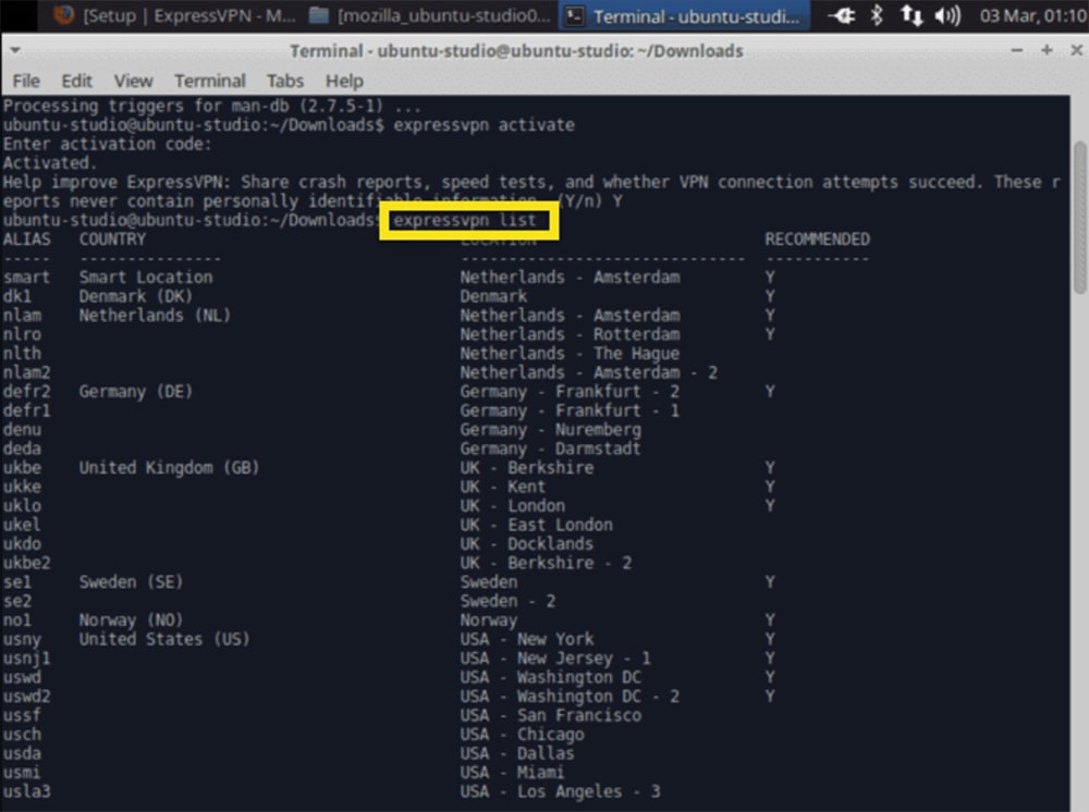 Listing All ExpressVPN Servers on Ubuntu Studio OS