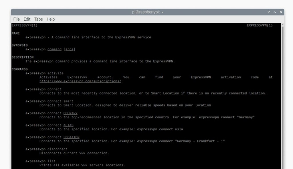 Listing ExpressVPN Manual on Raspberry Pi