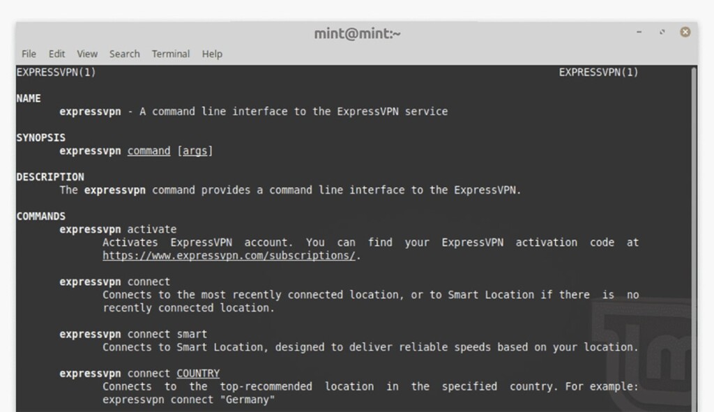 Listing Manual Commands of ExpressVPN on Linux Mint