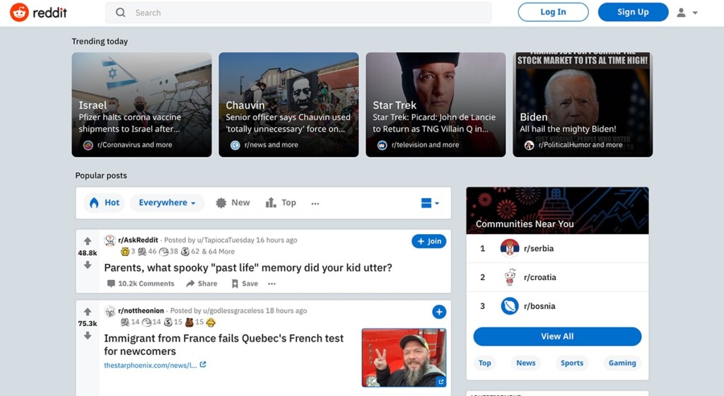Reddit Home Page Interface