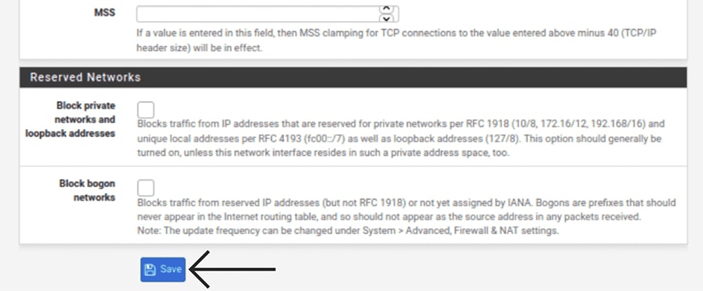 Reserved Networks Settings on pfSense
