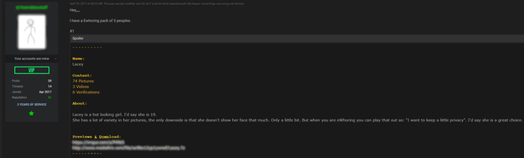 Post on a forum describing a woman named Lacey, with attachments of her pictures, videos, & verifications