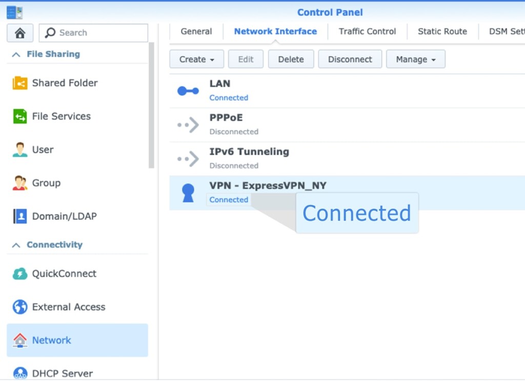 Status Showing Connected VPN on Synology NAS