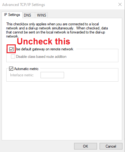 unchecking the default gateway on remote network option