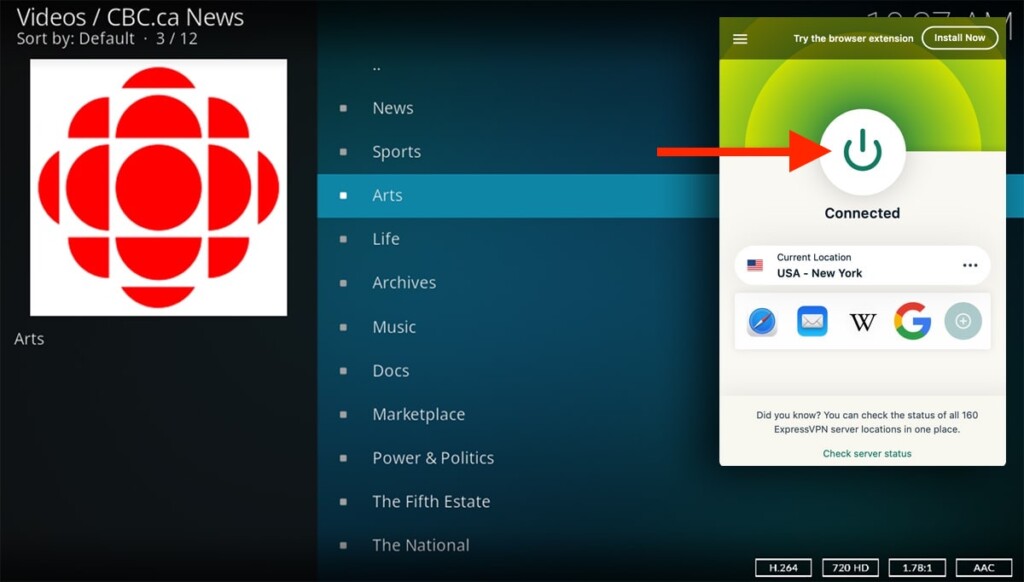 Click the "ON/OFF" switch button on the ExpressVPN app to launch the selected add-on