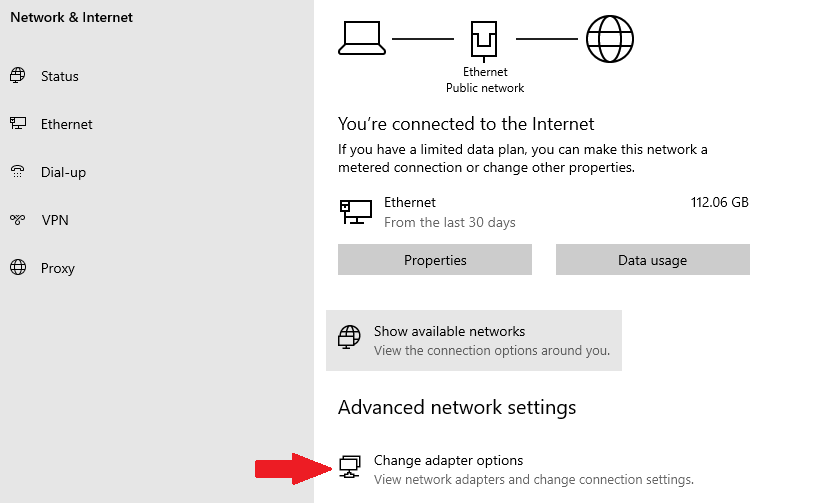 how to find the change adapter options setting on Windows 10