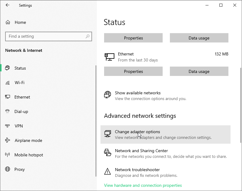 change adapter options setting in Windows 10