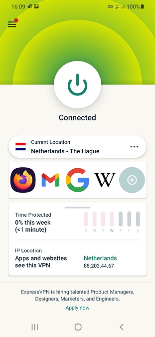 ExpressVPN connected home screen