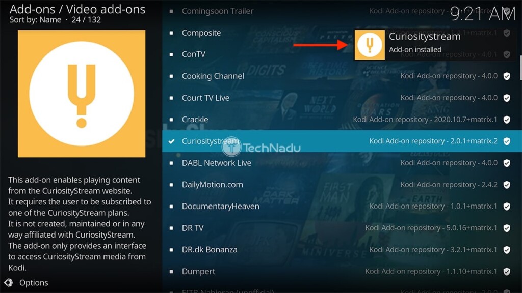 CuriosityStream Kodi Addon Installed