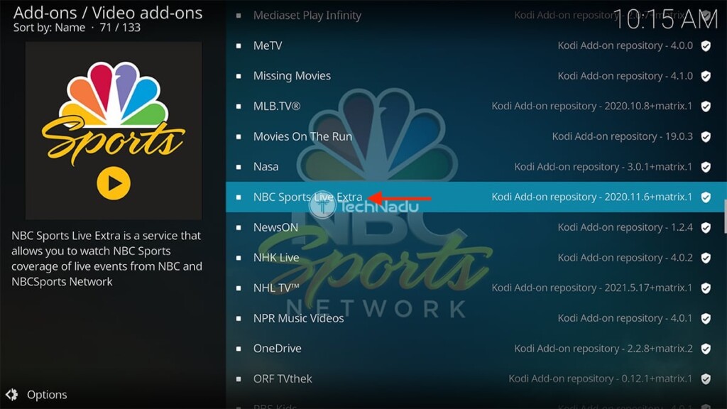 Finding NBC Sports Live Extra in Kodi's Official Repository