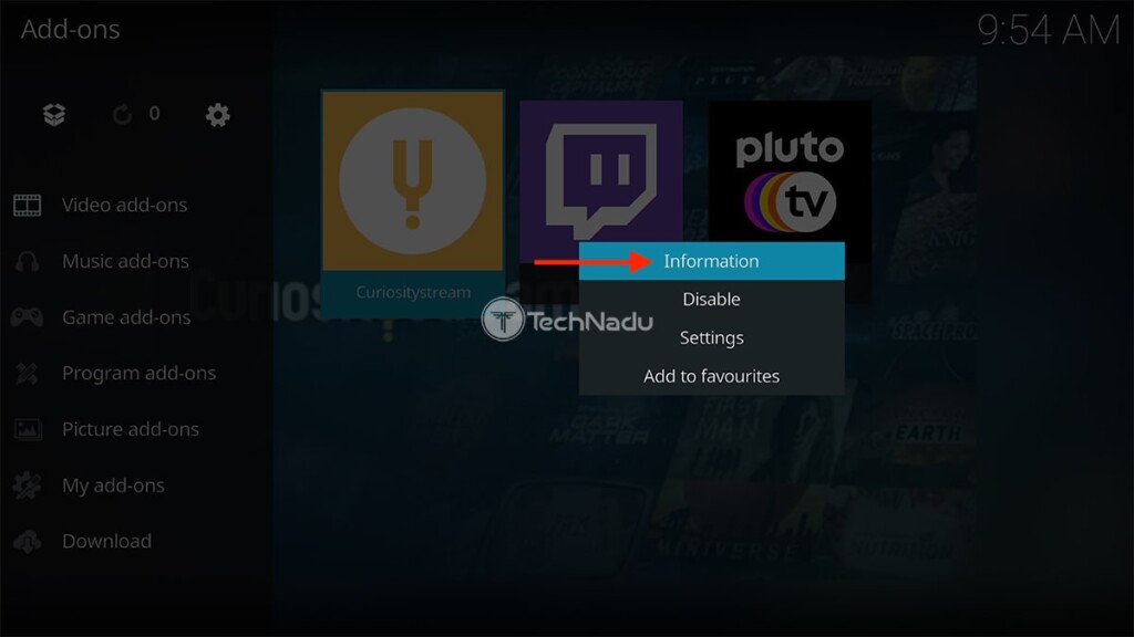 Information Dropdown Menu While Selecting CuriosityStream in Kodi