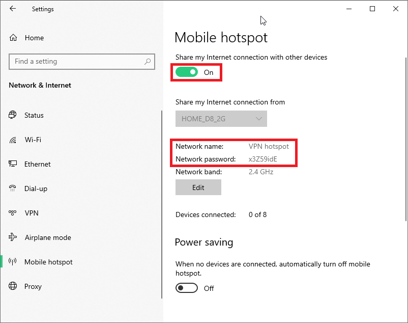 mobile hotspot settings on Windows 10