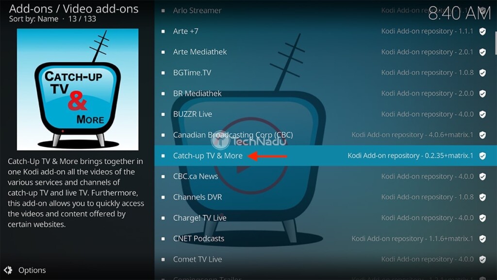 Navigating to Catch Up TV and More via Kodi