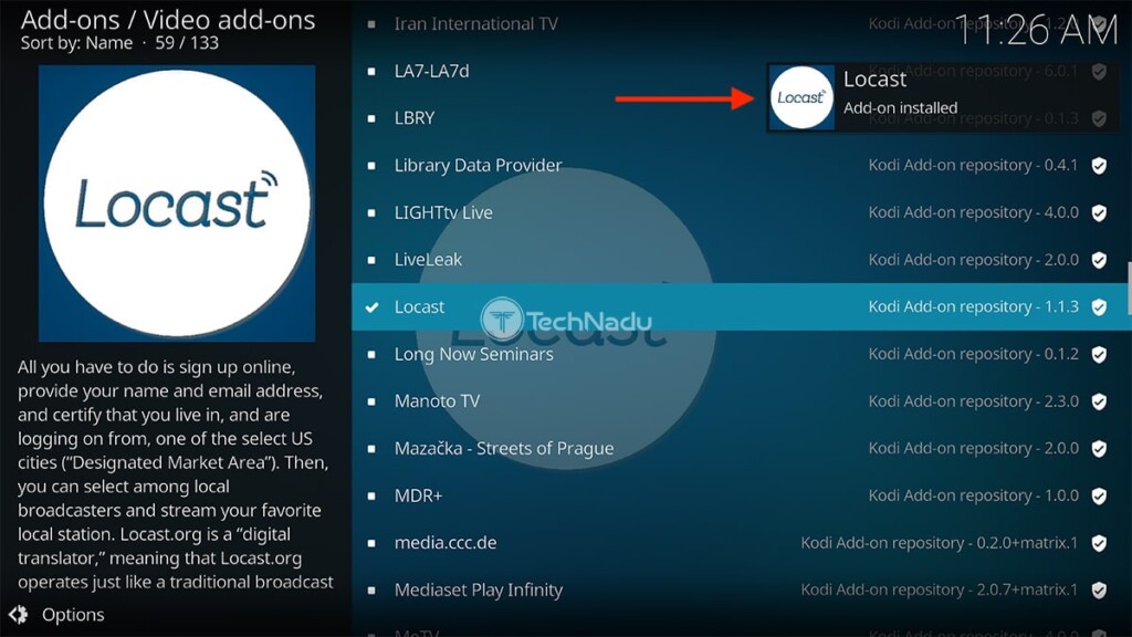 Notification Saying Locast Installed on Kodi