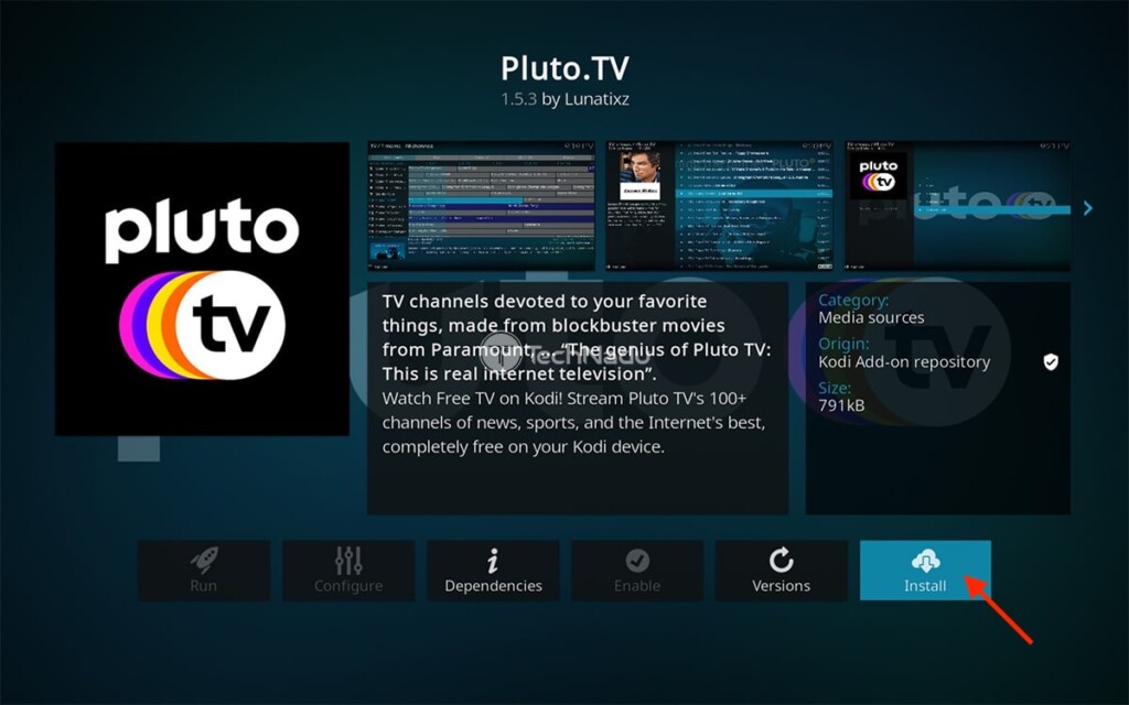 Pluto TV Kodi Addon Installation Overview Screen